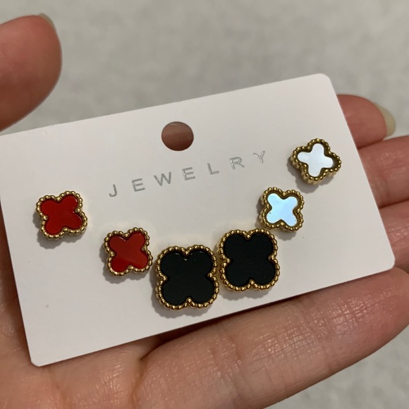 3 Gold Clover Earring Set (Red, Black, and Opal) - Picture 8 of 17